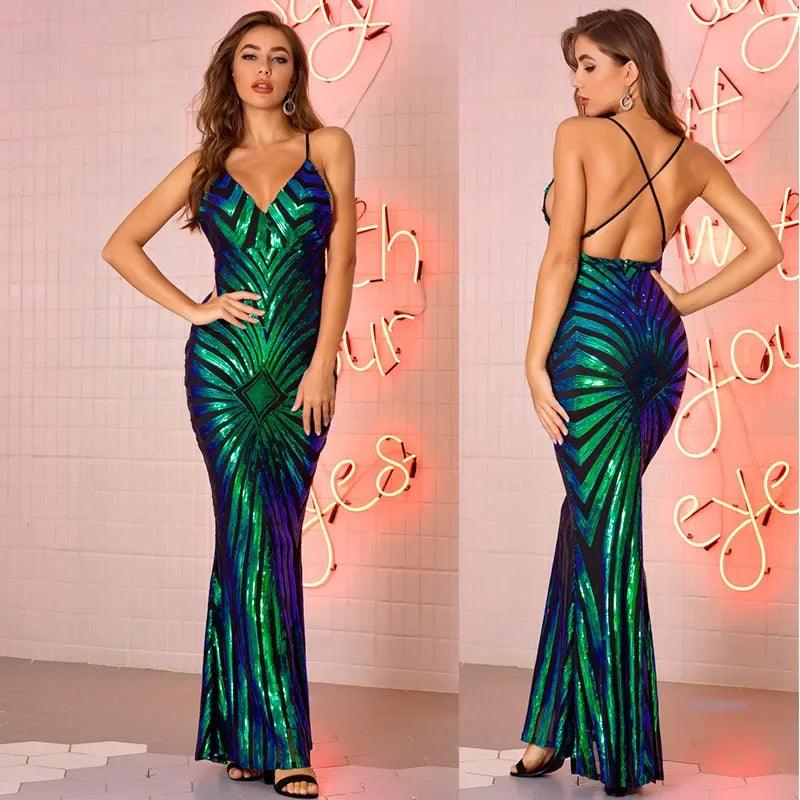 Bodycon Dress Sexy V-neck Halter Long Sequin Dress Gown Maxi Dresses Women Fashion Summer Elegant Party Evening Prom Dresses XY7-THAT FASHION STORE