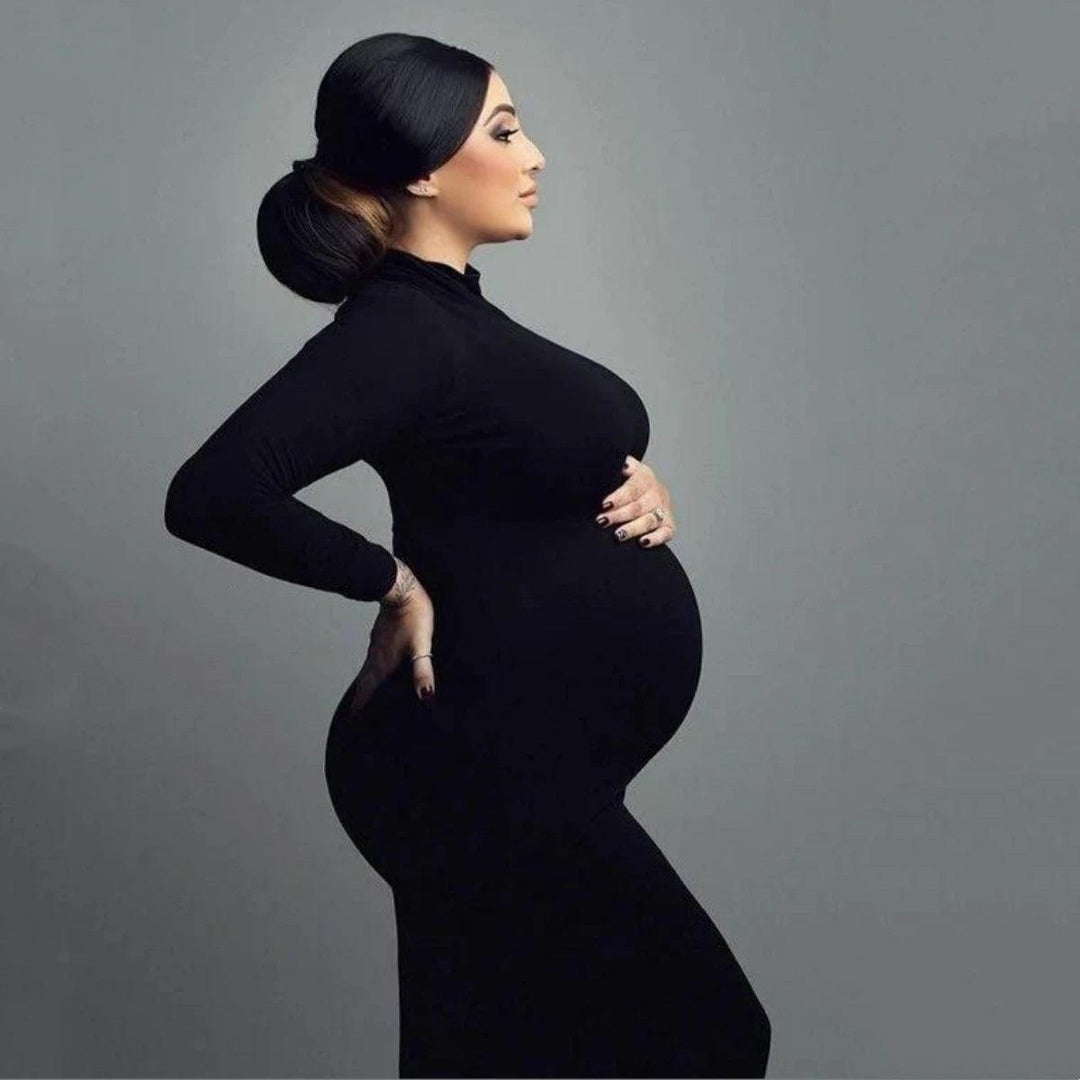 High Neck Full Sleeve Maternity Skinny Dress For Photography Pregnant Woman Stretchy Long Dress-THAT FASHION STORE