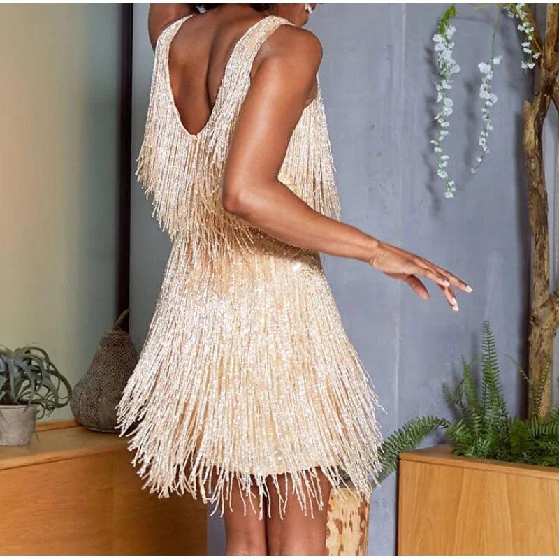 2023 New Sexy Tassel Sequins Feather Mini Dress Women Spaghetti Strap Stitching Dresses Female Elegant Evening Party Club Dress-THAT FASHION STORE