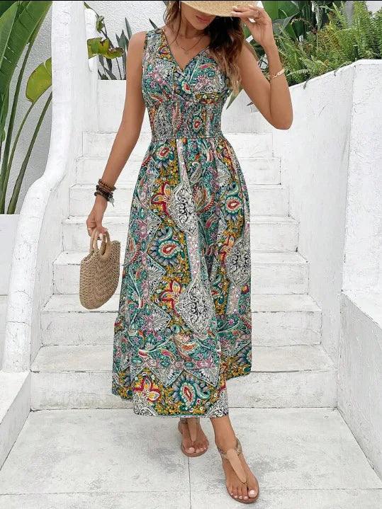 Fashion Bohemian Style Printed Sleeveless Dresses Women Sexy V-neck High Waist A-line Long Dress Casual Elegant Vestido Feminino-THAT FASHION STORE