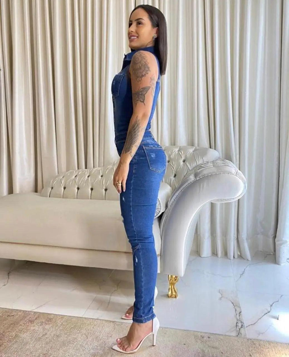 Jeans Stretch Overalls Buttons Female Turn Down Skinny Blue Denim Casual Jumpsuit Rompers-THAT FASHION STORE