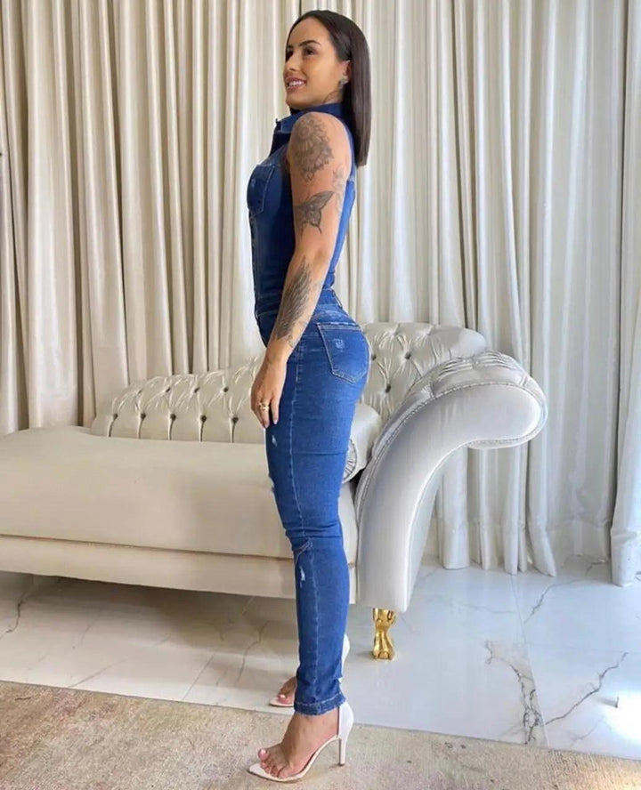 Jeans Stretch Overalls Buttons Female Turn Down Skinny Blue Denim Casual Jumpsuit Rompers-THAT FASHION STORE