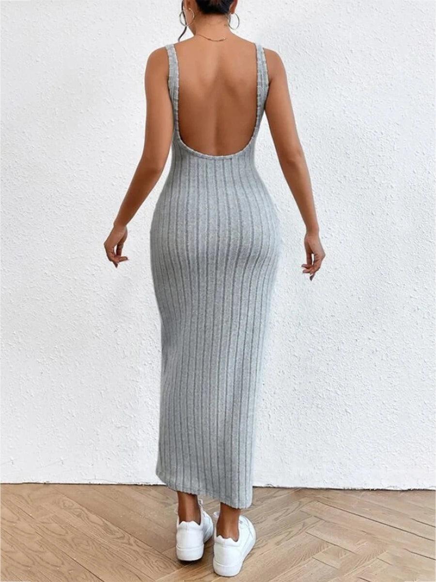 wsevypo Backless Knit Bodycon Long Dress Women's Summer Sleeveless O Neck Tank Dress Street Vacation Beach Casual Sundress-THAT FASHION STORE