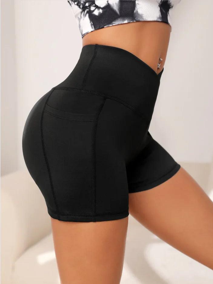 Women High Waist Yoga Sport Biker Shorts for Fitness Cross Waist Pocket Yoga Pant-THAT FASHION STORE