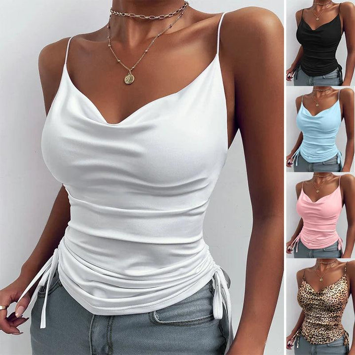 Women Tank Top V Neck Camisole Cami Drawstring Spaghetti Strap Top Loose Sleeveless Blouses Tank Shirt Summer Crop Top-THAT FASHION STORE