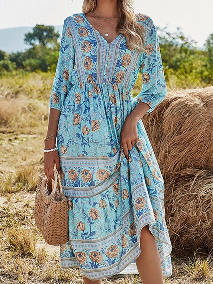 Summer Boho Long Dresses Women Fashion Print V Neck Half Sleeve Cotton Dress Elegant Casual High Waist Beach Dresses Vestidos-THAT FASHION STORE