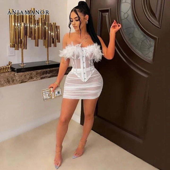 ANJAMANOR Feather Mesh Corset Top and Skirt Sexy 2 Piece Set Party Night Club Outfits for Women See Through Mini Dress D42-DG20-THAT FASHION STORE