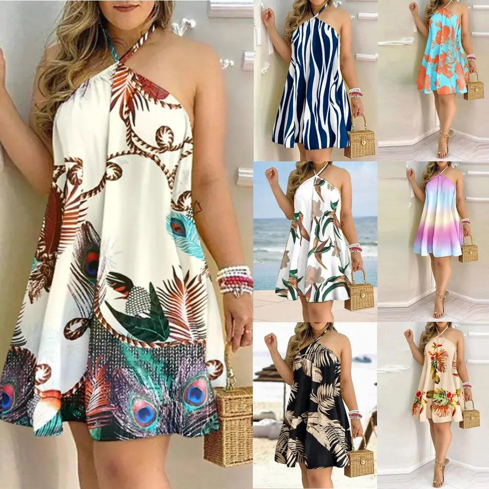 Tropical Print Halter Neck Dress Vacation Style Backless Dress For Spring & Summer Women's Clothing-THAT FASHION STORE