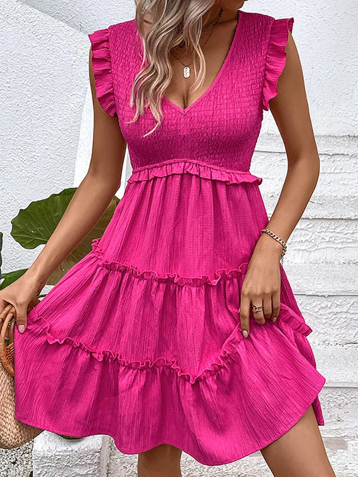 Summer Midi Dresses For Women Casual Red Ruffle Big Hem Holiday Beach Dress Fashion Sleevelee V Neck New In Dresses 2024 - THAT FASHION STORE