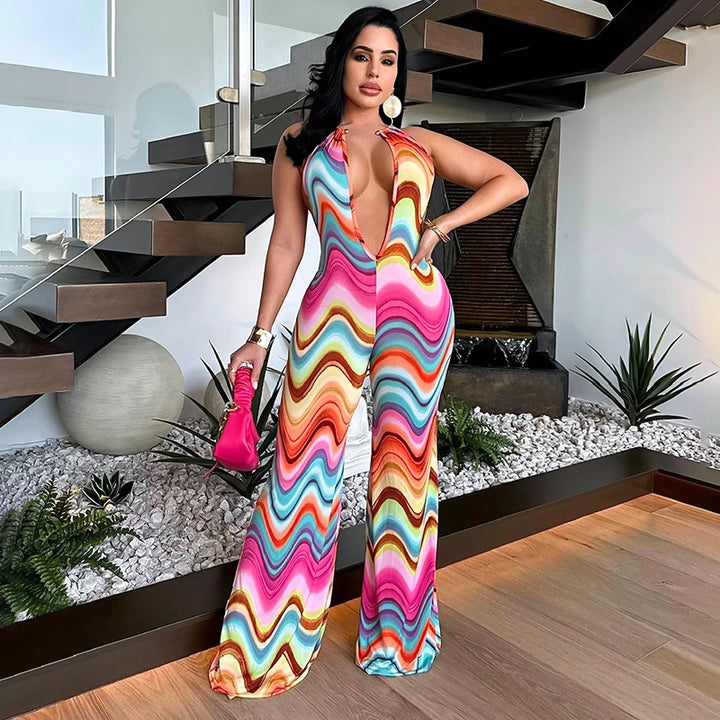 CUTENOVA Women Tie Dye Print Wide Leg Straight V-Neck Sleeveless Kumpsuits 2024 Summer Night Club Playsuit One Piece Suit Romper - THAT FASHION STORE