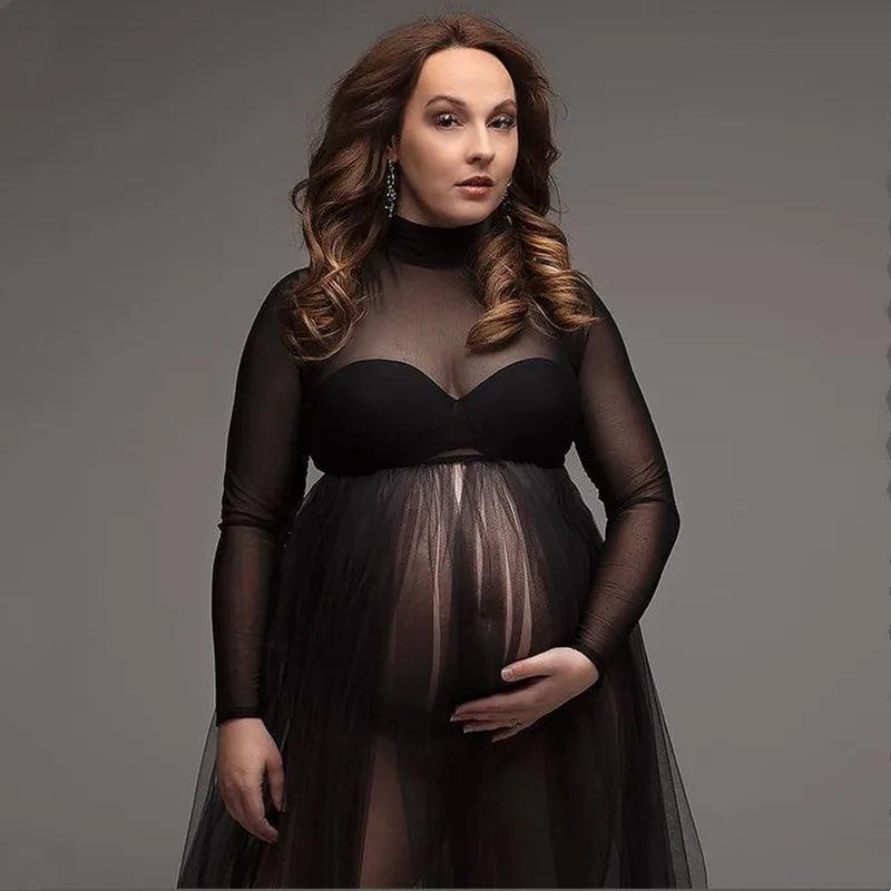 Full Sleeve Stretchy Mesh Maternity Photography Tulle Dress See Through Pregnant Woman Open Front Tulle Dress-THAT FASHION STORE