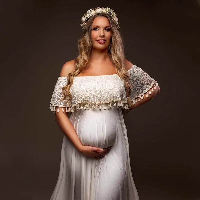 Slash Neck Boho Maternity Photo Shoot Long Dresses Jersey Ruffles Maternity Lace Photography Maxi Gown-THAT FASHION STORE