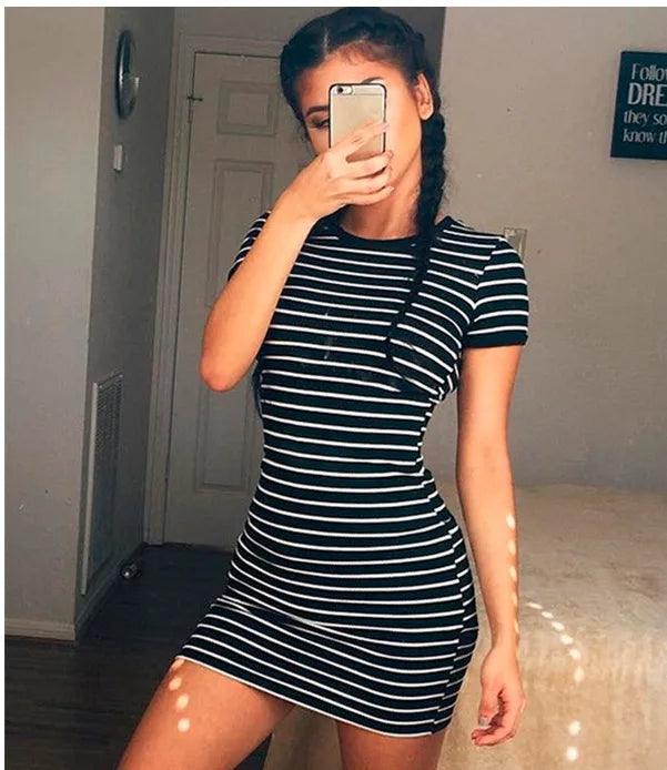 Summer Round Neck Enough Stock Short-sleeved Dress Black And White Striped Dresses Casual Elegant Sheath Slim Dress-THAT FASHION STORE