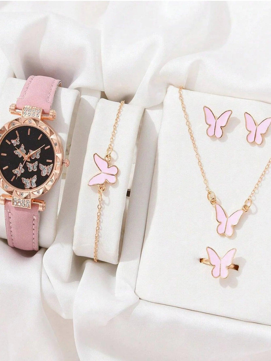 6 Luxury Watches Women's Ring Necklace Earrings Bracelet Set Watch Butterfly Leather strap Women's Quartz Watch No case-THAT FASHION STORE