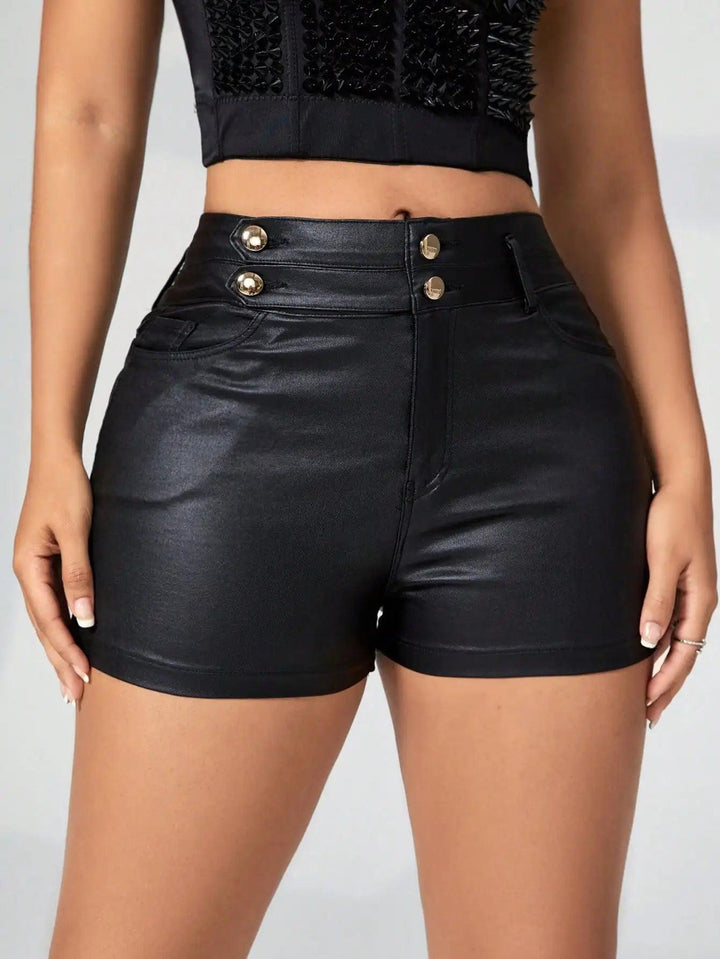 2023 Sexy Stretch Slant Pocket Double Button Detail Solid PU Leather Shorts Women Casual Holiday Streetwear-THAT FASHION STORE