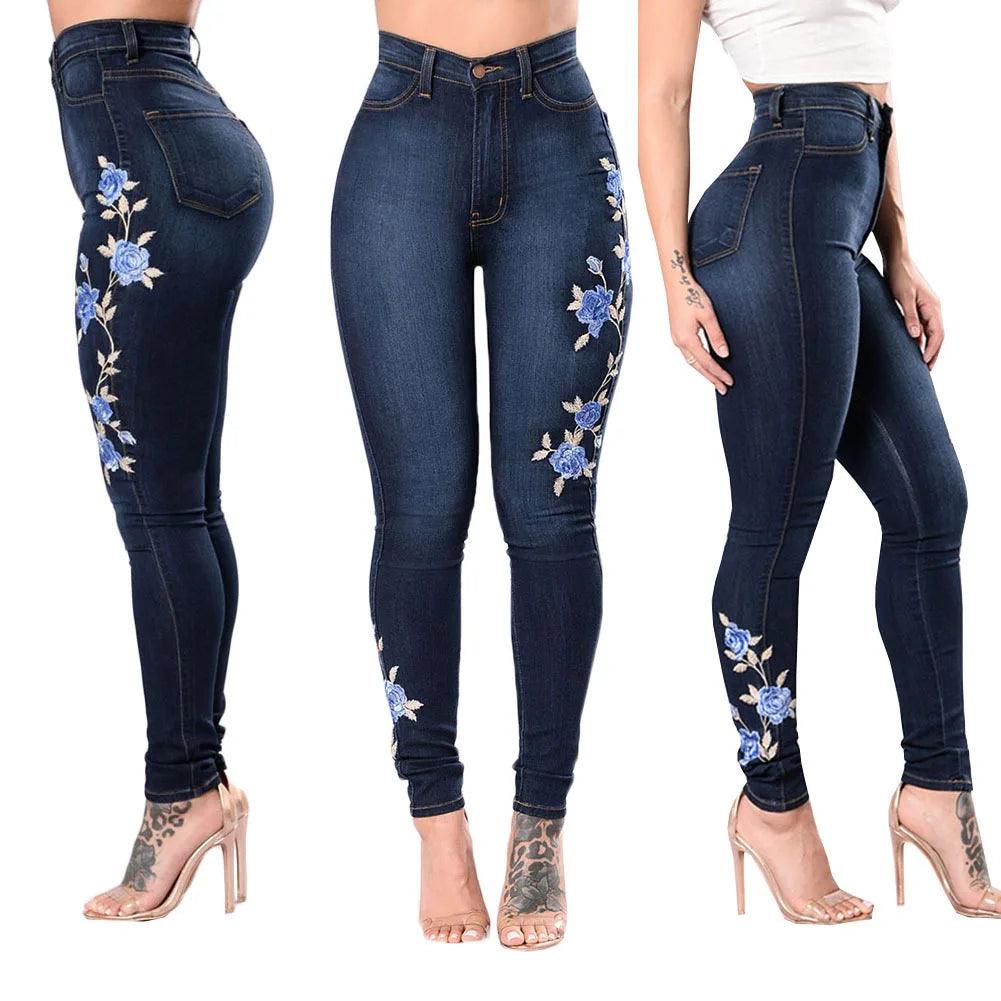 2023 New Women's High Waist Embroidered Jeans Fashion Slim Stretch Denim Pencil Pants Street Trendy Trousers S-3XL Drop Shipping-THAT FASHION STORE