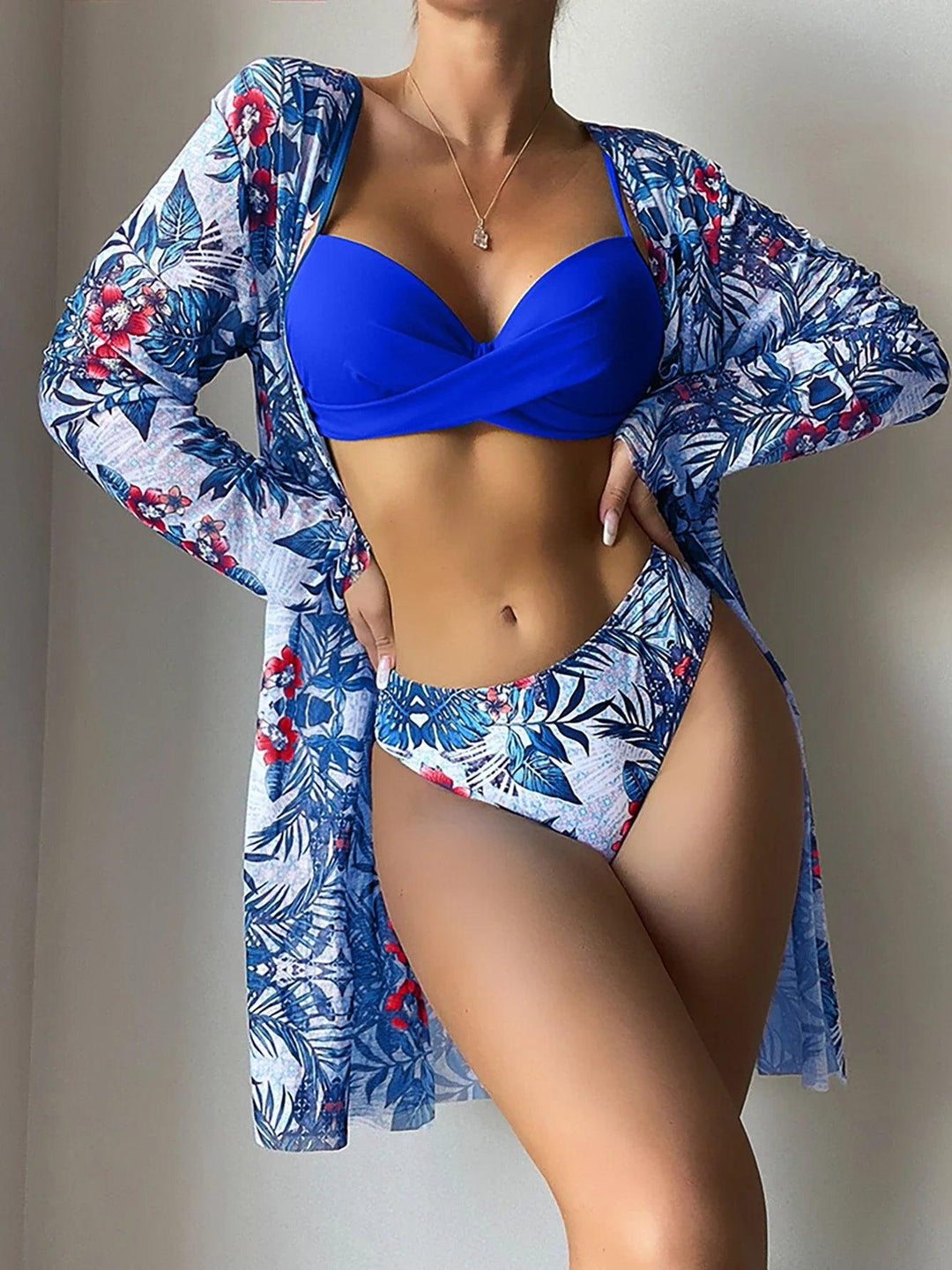 2024 New Floral 3 Pieces Bikini Set Cover Up Swimsuit Women Bikinis Long Sleeve Swimwear Beach Wear Female Bathing Suits-THAT FASHION STORE