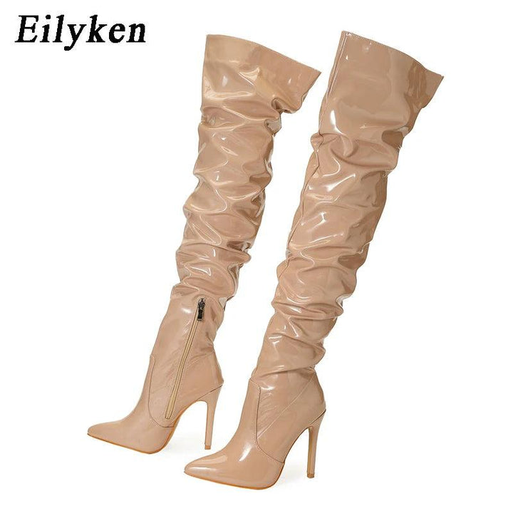 Eilyken Red Women Over The Knee Boots High Heels Patent Leather Solid Pointed Toe Stiletto Side Zipper Sapatos Femininos-THAT FASHION STORE