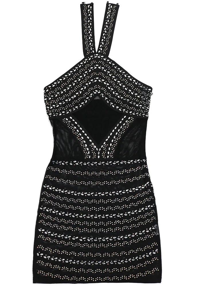 Beyprern Women Black Mesh Patchwork Crystal Sheer Bodycon Dress Ladies Glam Party Mini Dress Birthday Clubwear Skinny Outfits-THAT FASHION STORE