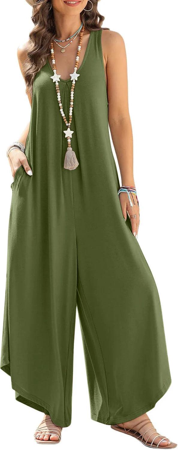 Women Jumpsuits Overalls V Neck Sleeveless Rompers One Piece Loose Wide Leg Pants Ankle Length Solid Pockets High Street-THAT FASHION STORE