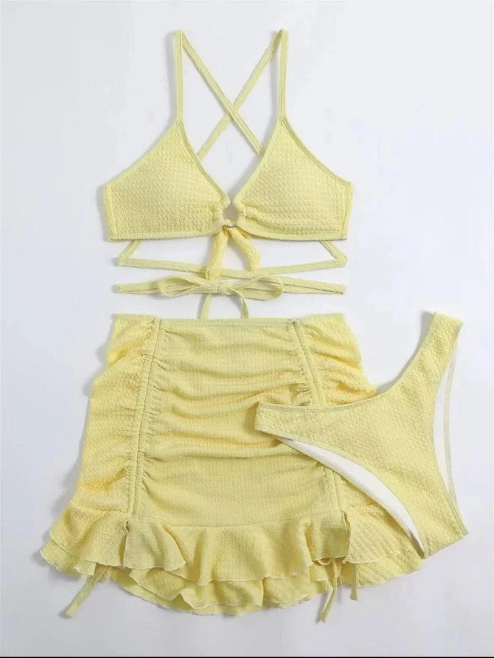 Sexy Yellow Bikini Women Solid Halter Ring Linked Criss Cross Cover Up 3 Piece Swimsuit 2024 Bathing Suit Ruffles Skirt Swimwear-THAT FASHION STORE