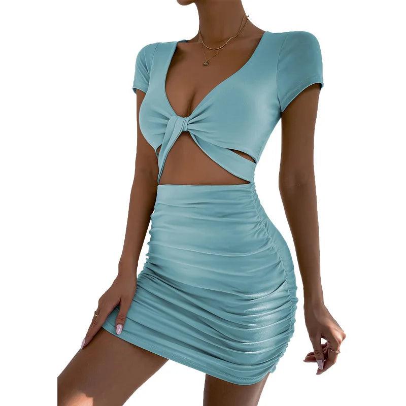 Y2k2024 Summer New Short sleeved Sexy V-neck Open Waist Hollow Wrapped Hip Dress-THAT FASHION STORE