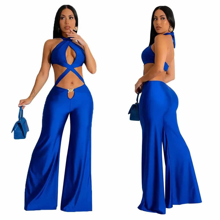 Jumpsuit Women 2024 Summer Fashion Solid Color Halter Cutout Waist Casual High Waist Sleeveless Daily Wide Leg Long Jumpsuit