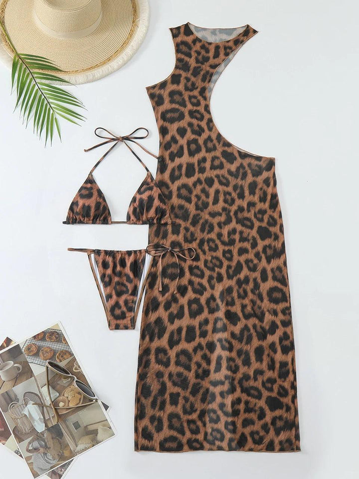 Sexy 3 Pieces Bikini Set 2024 Women Cut Out Side Cover Up Dress Leopard Swimsuit Lace Up Triangle Swimwear Female Swimming Suit-THAT FASHION STORE