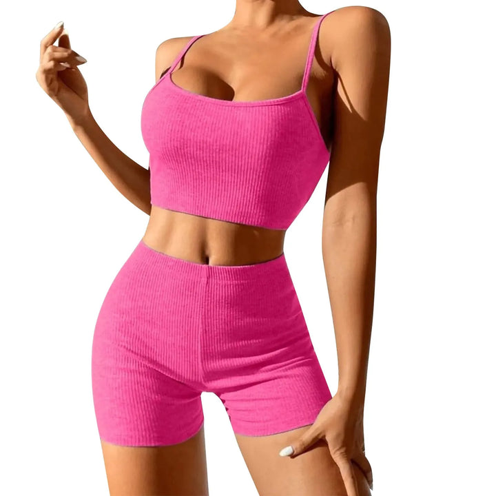 Sleek Ribbed Knitted 2-Piece Set with Sexy Suspender Design and Short Outfits for Fashionable Yoga and Sports - THAT FASHION STORE