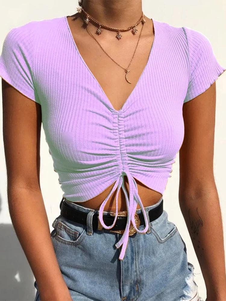 Sexy V Neck Cropped Tank Tops Women Drawstring Tie Up Front Camis Candy Colors Streetwear Slim Fit Ribbed Crop Top 2024-THAT FASHION STORE