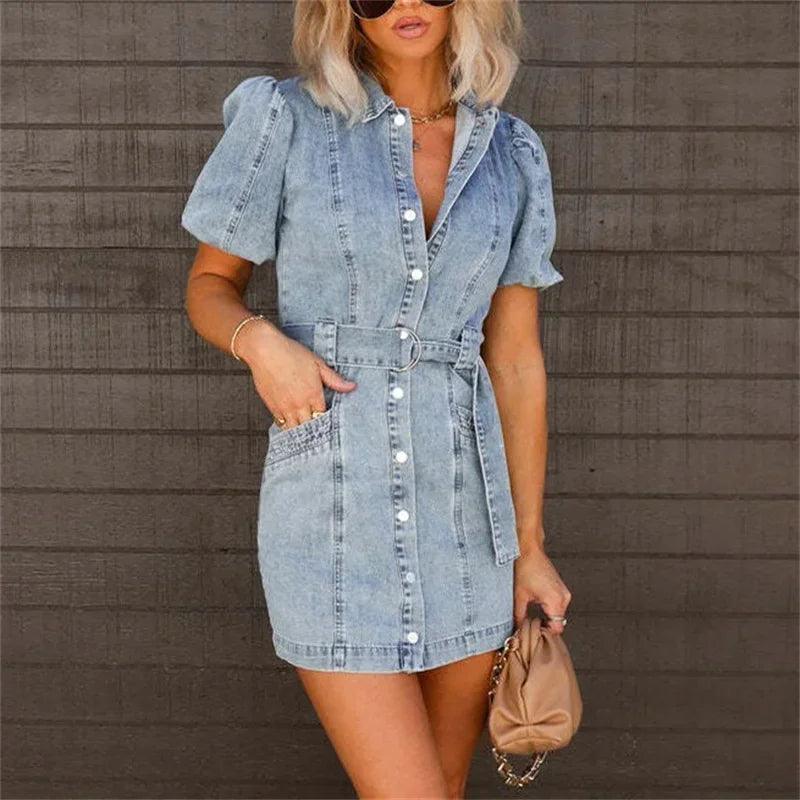 High Waist Lace-up Double Pocket Women Denim Dresses Lapel Single-breasted Cardigan Dress Female Trend Streetwear Commuter Gown-THAT FASHION STORE