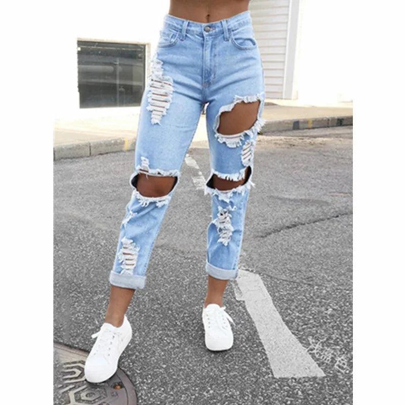 Casual Summer Ripped Hole Straight Denim Pants Y2K INS Clothes Streetwear Womens Fashion Mid Waisted Jeans-THAT FASHION STORE