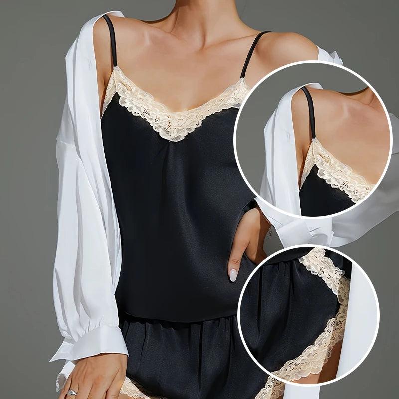 New Women's Casual Sexy Black Silk Satin Pajama Set, Women's Satin Lace Lace Suspender Top and Shorts Pajama Set-THAT FASHION STORE