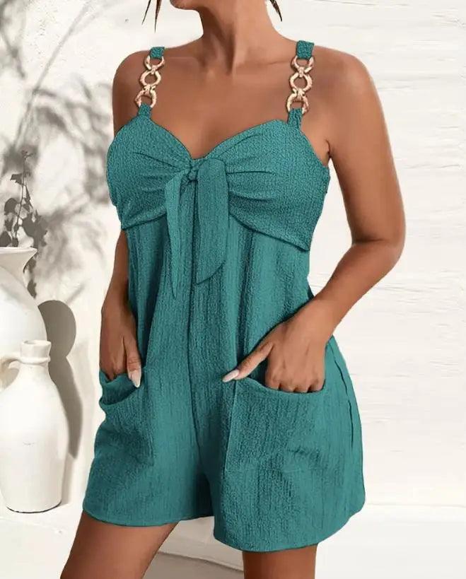 New Women Rompers Summer Casual Chain Strap Pocket Design Knotted Casual Romper Playsuit Bodycon Short Jumpsuits Streetwear 2023-THAT FASHION STORE