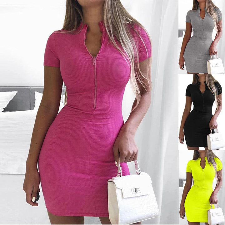 Women's Spring 2023 New Cross border European and American Dress Sexy Wrap Hip Skirt Short Sleeve Zipper miniskirt-THAT FASHION STORE