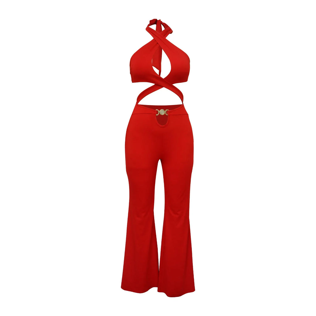 Jumpsuit Women 2024 Summer Fashion Solid Color Halter Cutout Waist Casual High Waist Sleeveless Daily Wide Leg Long Jumpsuit - THAT FASHION STORE