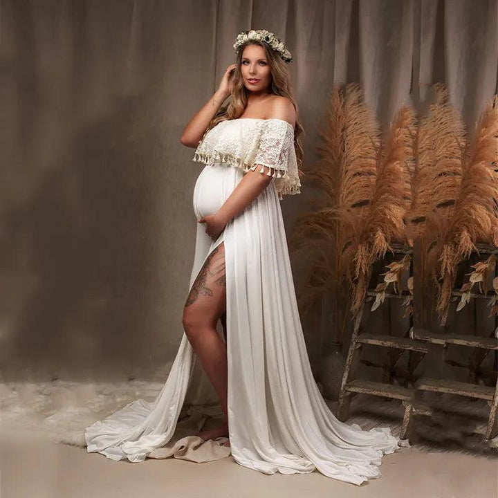 Slash Neck Boho Maternity Photo Shoot Long Dresses Jersey Ruffles Maternity Lace Photography Maxi Gown-THAT FASHION STORE