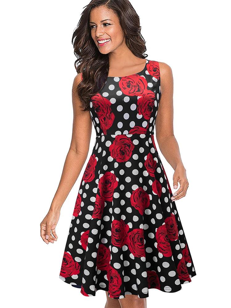 Nice-forever Summer Women Polka Dots with Floral Retro Sun Dresses Party Pinup Flare A-line Dress btyA063-THAT FASHION STORE