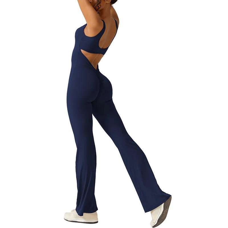 Casual Dancing Pants Streetwear Fashion Women Hollow Back Yoga Long Jumpsuit Round Neck Sleeveless Solid Color Training Outfit-THAT FASHION STORE