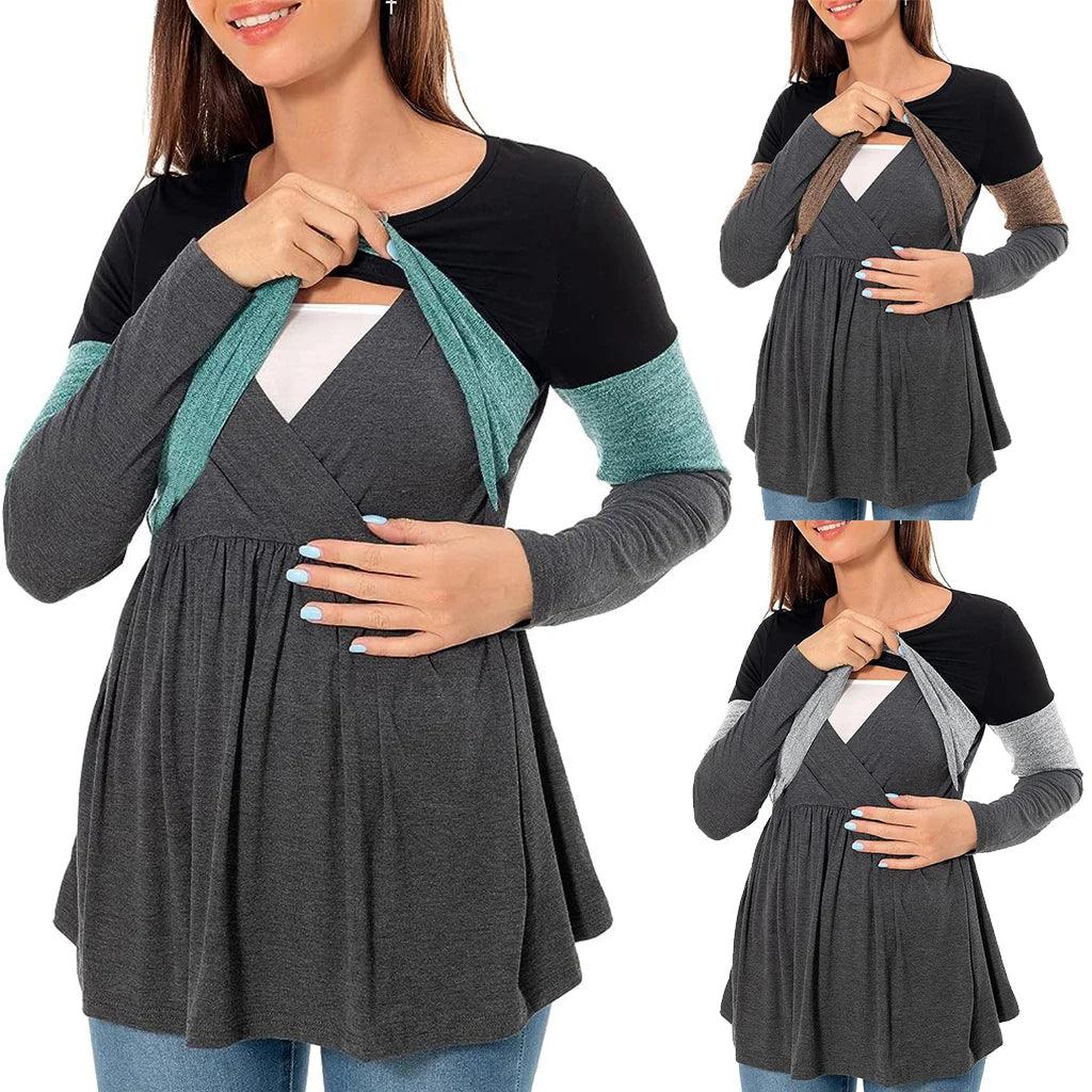 Maternity Nursing T Shirt Pregnant Womens Long Sleeve Patchwork Nursed Tops Blouse For Breastfeeding Pregnancy Clothes Pullover-THAT FASHION STORE