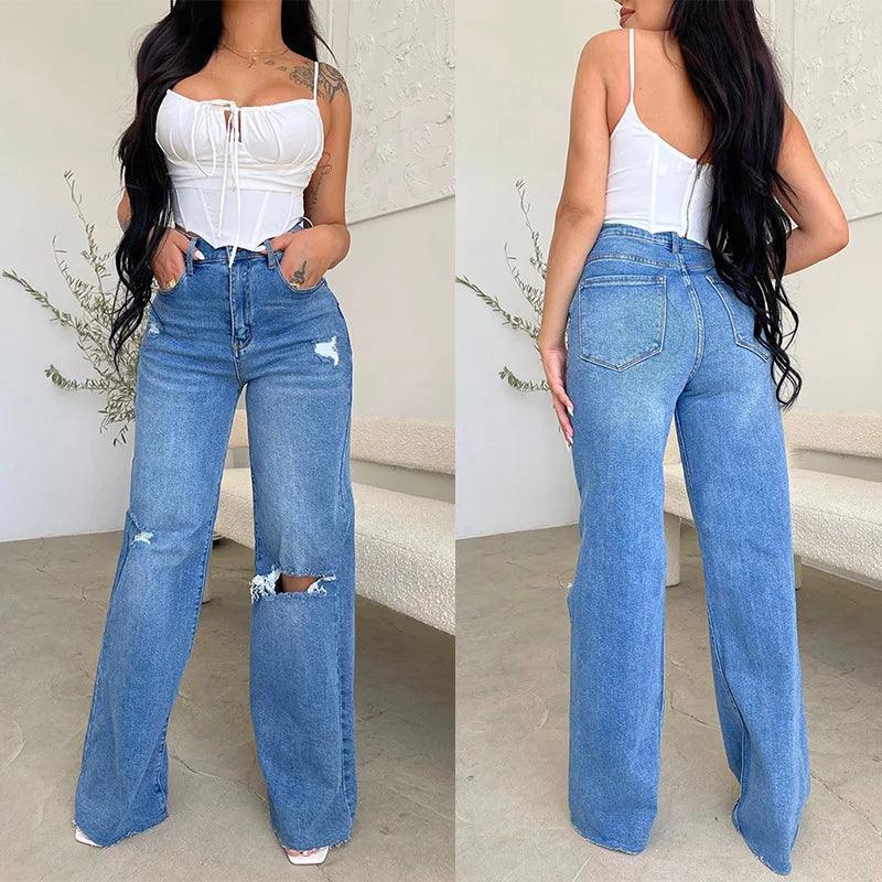 2023 New High Waist Ripped Jeans For Women Fashion Loose Denim Wide Leg Pants Casual Female Trousers S-2XL Drop Shipping-THAT FASHION STORE