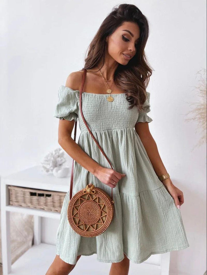 Women Sexy Dress Summer Ladies Beach Swing Off Shoulder Sundress Soild Casual Loose Pleated A-line Sun Dress-THAT FASHION STORE