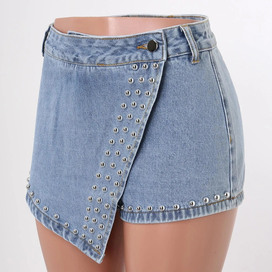 Summer Women'S Fashion Short Denim Skirt Pants Nailing Beads Skinny Cargo Jeans Shorts For Women Beach Outfits 2023 Trousers-THAT FASHION STORE