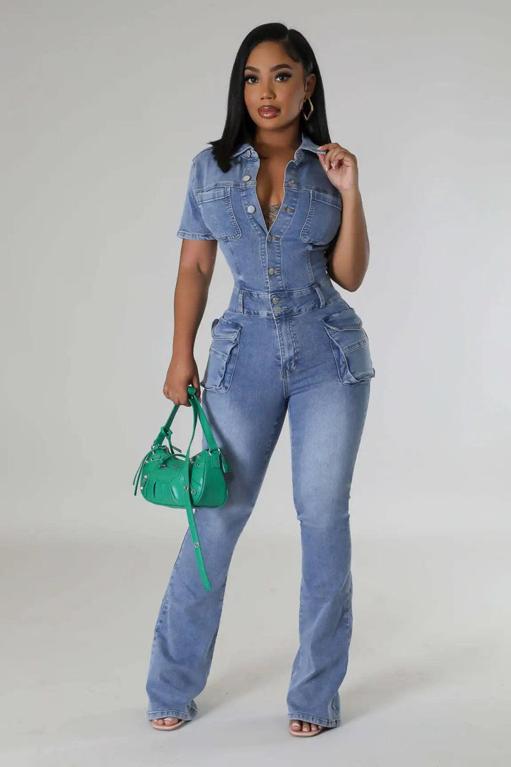 Women Jumpsuit Fashion Pocket Short Sleeve Tight Waist Denim Jumpsuits Lady Slim Fit Stretch Washed Flare Leg Jeans Jumpsuits-THAT FASHION STORE