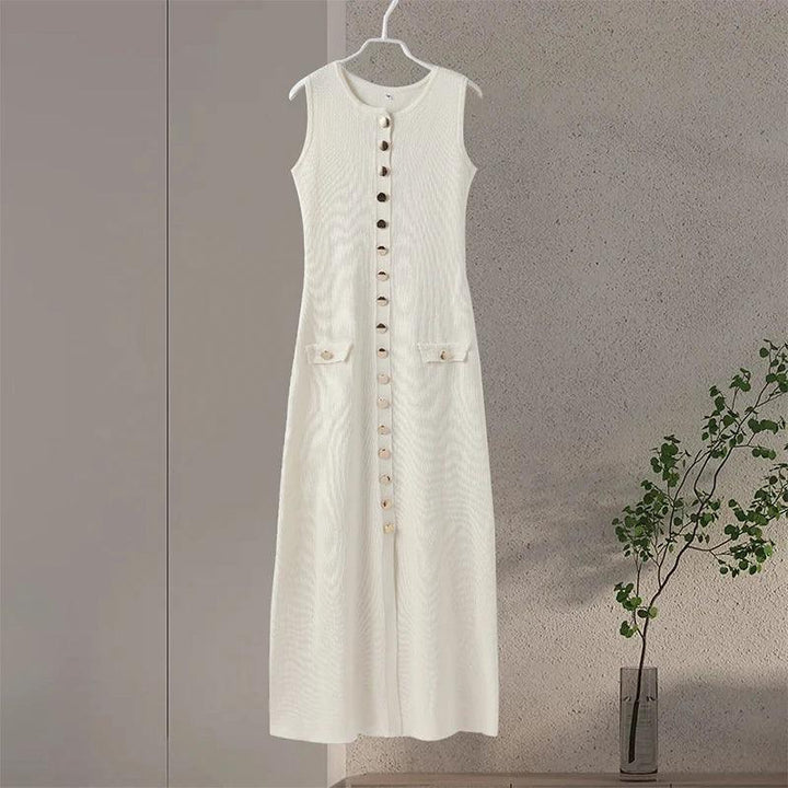 Elegant Knitted Single Breasted Dresses Women Solid Sleeveless O Neck Pockets Bodycon Long Dress 2024 Summer Office Lady Robe-THAT FASHION STORE