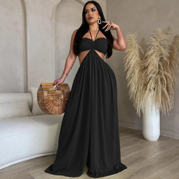 High Waist Wide Leg Jumpsuit Women Elegant Solid Color Chiffon Backless Halter Bodysuit-THAT FASHION STORE