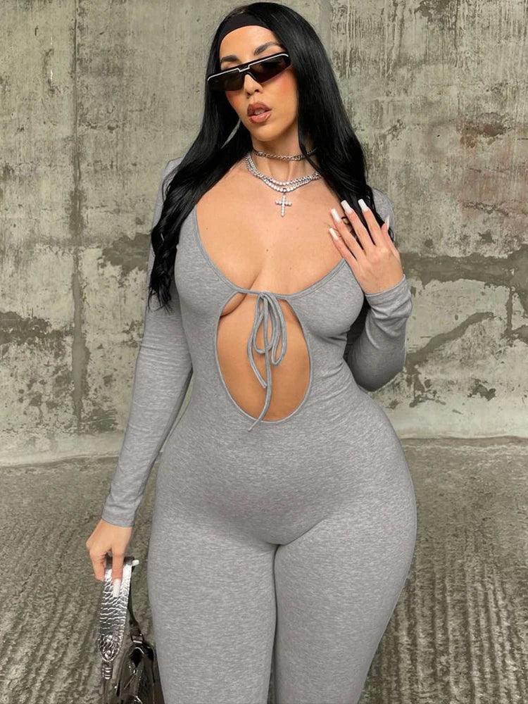 Hugcitar Fall Solid V Neck Long Sleeve Hollow Out Lace Up Sexy Bodycon Jumpsuit Women Fashion Streetwear Sport Romper Overalls-THAT FASHION STORE