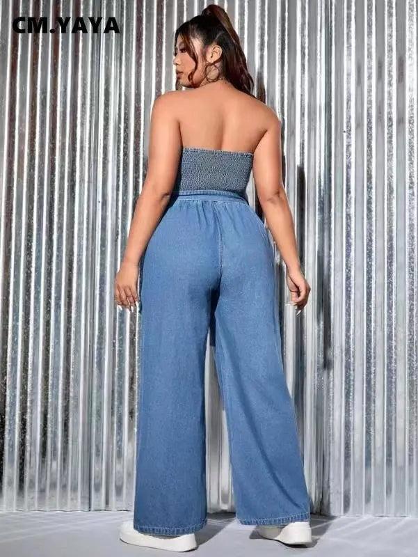 CM.YAYA Women Fake Jean Halter Neck High Waist Wide Leg Straight Jumpsuit 2023 Summer Street INS Loose One Piece Set Playsuit-THAT FASHION STORE