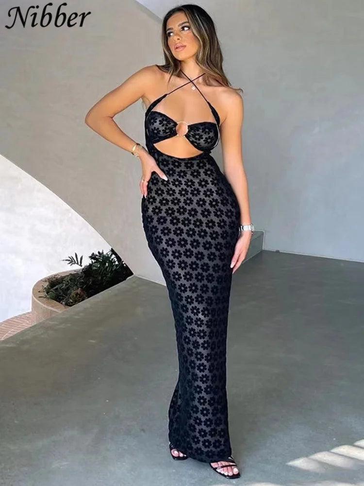 Nibber Dresses Women Maxi Dress Solid Color Hanging Neck Sexy Hollow Perspective Bag Hips Robe Female 2022street Trendy Clothing-THAT FASHION STORE