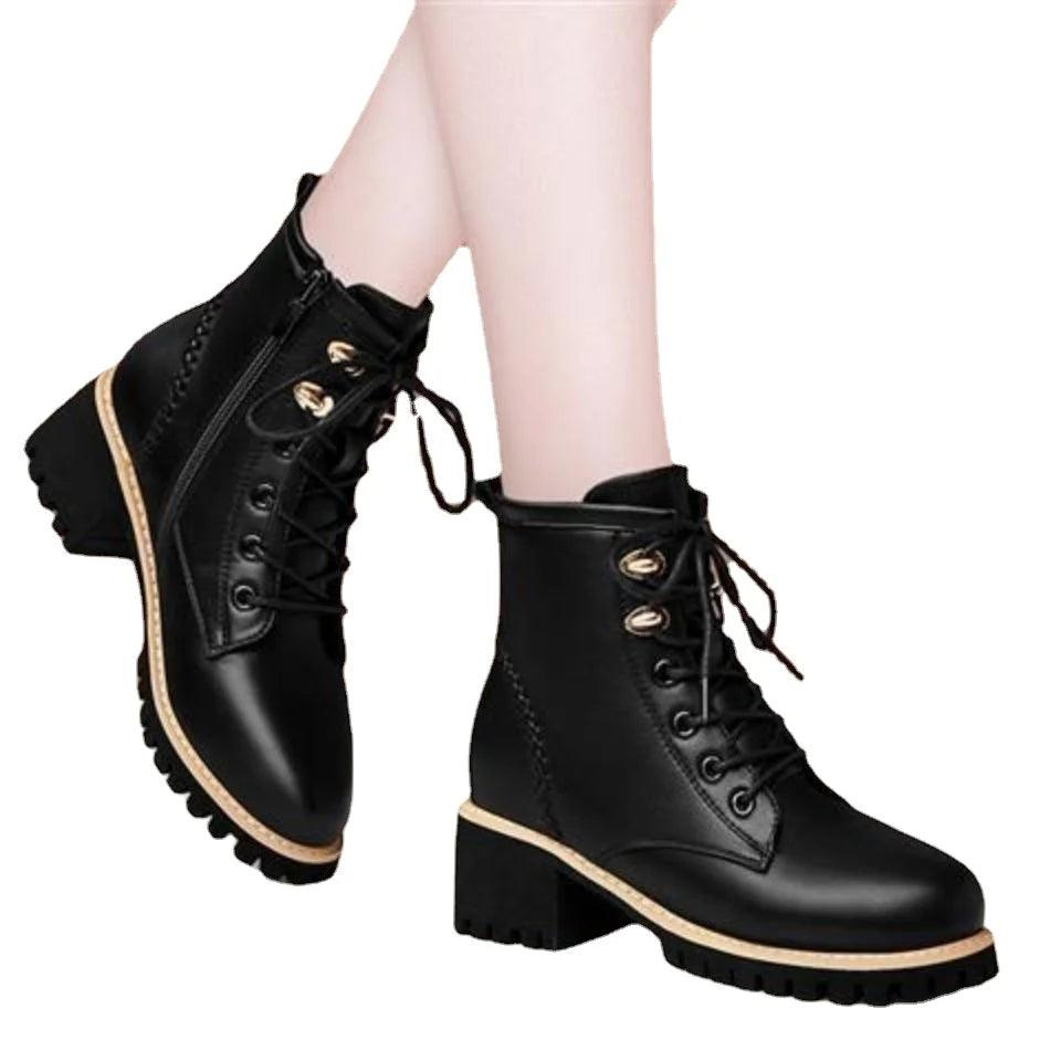 Women Shoes Boots Ankle 2022 New Autumn British Wind Genuine Leather Thick With Fur Ladies Short Boots Motorcycle heels boots-THAT FASHION STORE